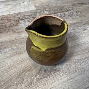 Handmade Studio Pottery Creamer Signed Vine Green Brown Stoneware